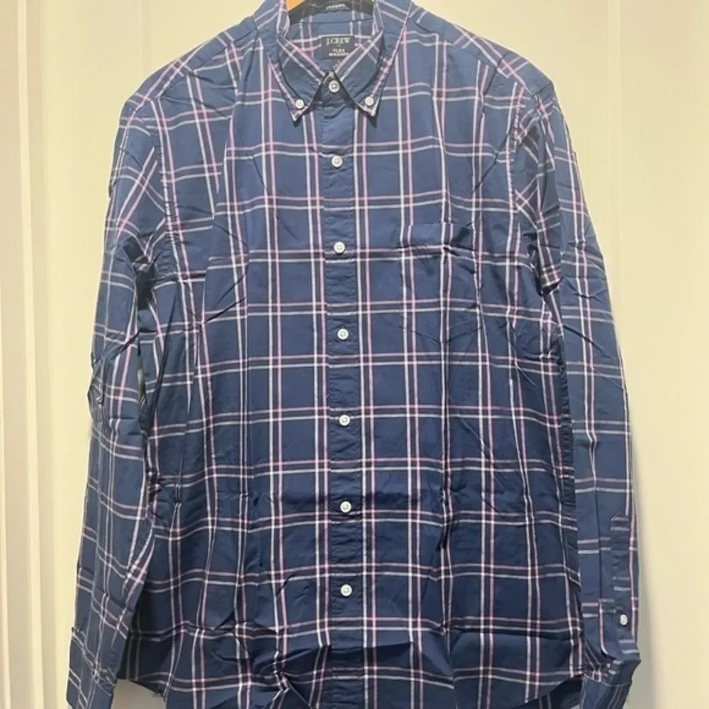 J Crew Men's Plaid Button Front Shirt  Tattersall Flex Cotton Blue‎ Large $89